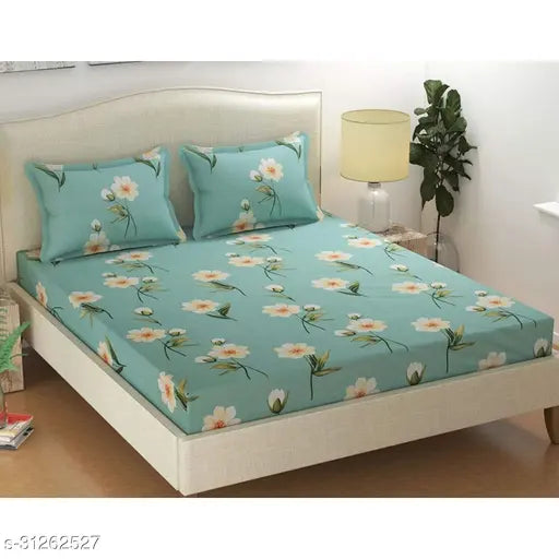 White cotton Rajasthani-print elite versatile flat sheets, ideal for summer, adult use, with 2 pillow covers, heavy quality Queen size, Made in India