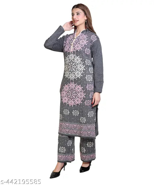 Wool Plazzo Suit: Single set of printed net, three-quarter sleeve winter wear, perfect for cold weather. Made in India