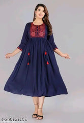 Rayon embroidered three-quarter sleeve women's gown, colorful Indian kurti with S-XXXL sizes (S: 46in) for casual or party wear