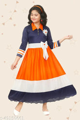 Blue, pink, white cotton blend party wear frock & dresses combo for kids (sizes 2-3 yrs to 10-11 yrs), three-quarter sleeves design