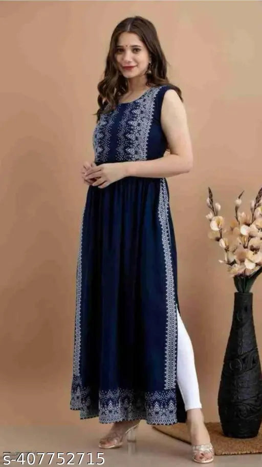 Embroidered rayon sleeveless kurta, Indian Naira cut with high side slits and ankle length, available in sizes S-XXL