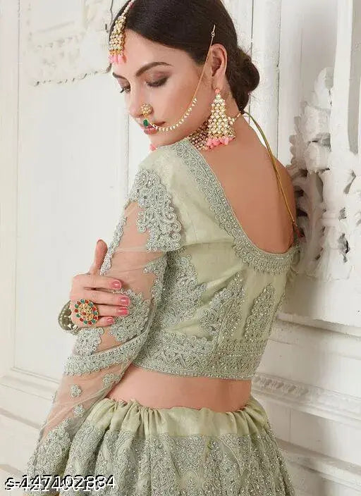 Trendy attractive net lehenga-choli set for women, embroidered with dupatta, new festival wear, free size (42in waist, 42in length)