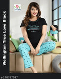 Wellington rib cotton night suit top and bottom - printed pyjamas and t-shirt in short sleeves