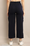 Black cotton blend cargo pants, ankle-length with high rise and slim fit, front seam detail, elastic waistband