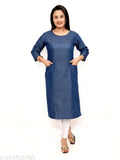Dark denim round neck kurta with three-quarter sleeves, solid design. M (Bust 38in, Length 40in), available in various sizes