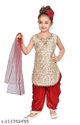 Stylish marron and gold cotton Patiala suit for girls (A-line dhoti pants with sleeveless V-neck, embroidered pattern, suitable for parties, weddings, festivals) - India