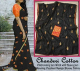 Beautiful Chanderi cotton saree in georgette, embroidered blouse with zari woven net, free size, India origin