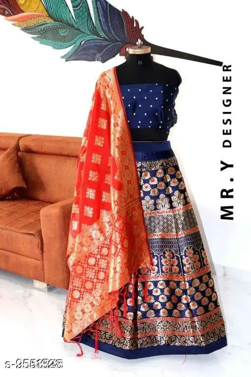 Elegant polka dot taffeta silk lehenga, semi-stitched with zari dupatta, Indian traditional women's topwear
