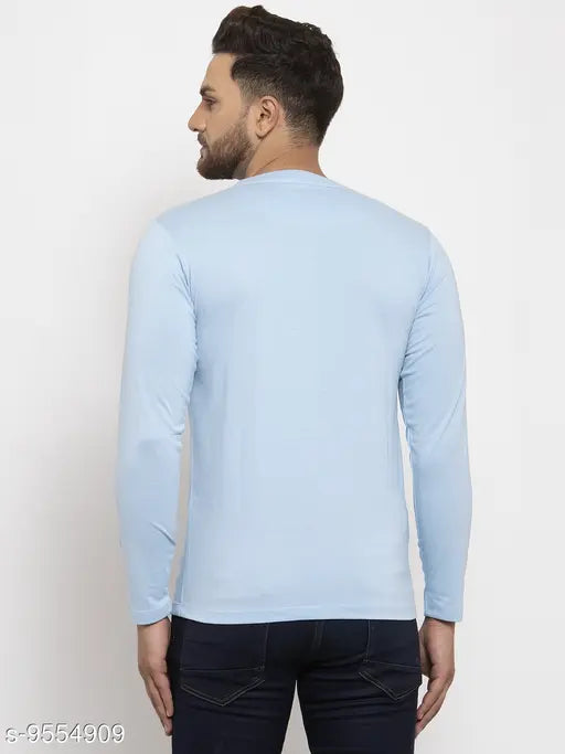 Sky Blue cotton blend crew neck long sleeved t-shirt, printed net pattern on display