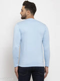 Sky Blue cotton blend crew neck long sleeved t-shirt, printed net pattern on display