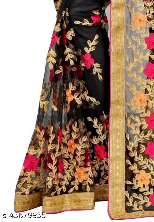 Embroidered net saree with separate satin silk blouse, unique floral bead detail, comfortable fit for parties or weddings. Indian-origin Alisha Fabulous Sarees