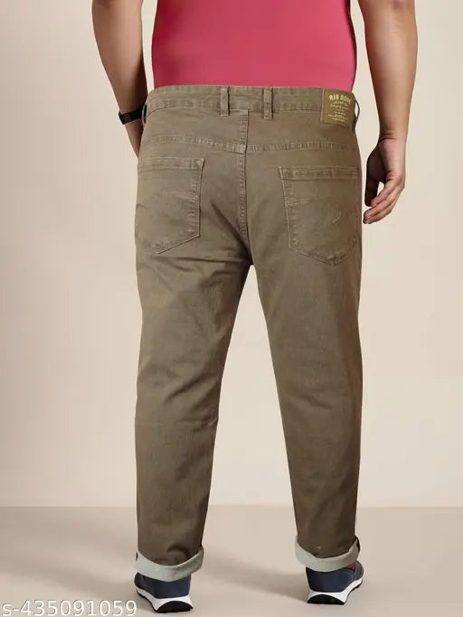 Stretchable beige denim jeans for plus size men, comfortable fit with sizes 36-48. Made in India