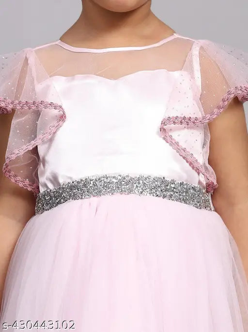 Pink net party gown for kids, embellished waistline and flared sleeves, size 1-14 years