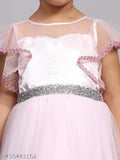 Pink net party gown for kids, embellished waistline and flared sleeves, size 1-14 years