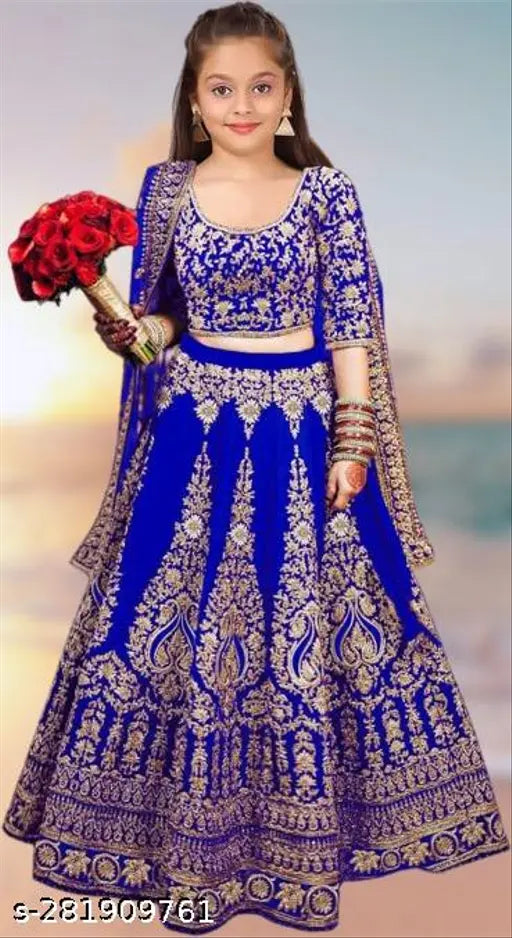 Semi-stitched satin kids Lehengha Choli with net dupatta, embroidered, 3-quarter sleeves, Indian party wear for 3-15 years old