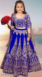 Semi-stitched satin kids Lehengha Choli with net dupatta, embroidered, 3-quarter sleeves, Indian party wear for 3-15 years old