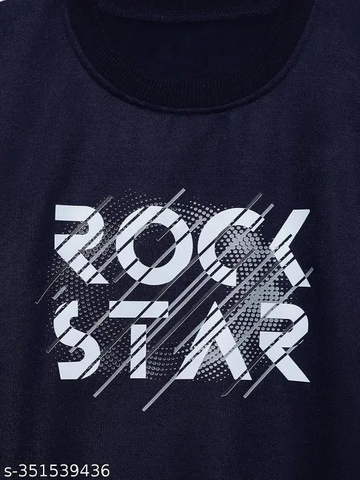 Navy Blue Printed Round Neck Cotton Fleece Sweatshirt for Boys - Long sleeves, cotton blend, vibrant printed design