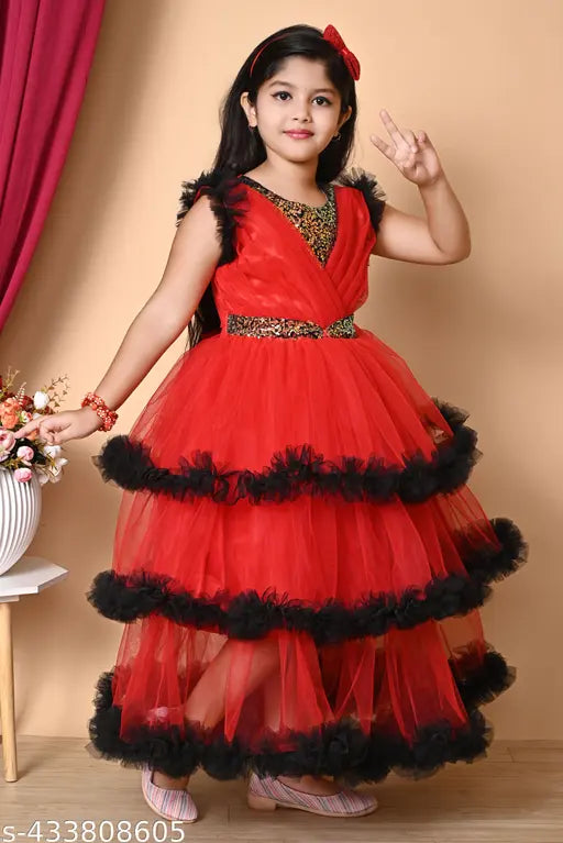 Modern girls frock in embellished net fabric, sleeveless design, suitable for various summer occasions. Size: Free Size, 5-6 Years, 15-16 Years, etc. Made in India