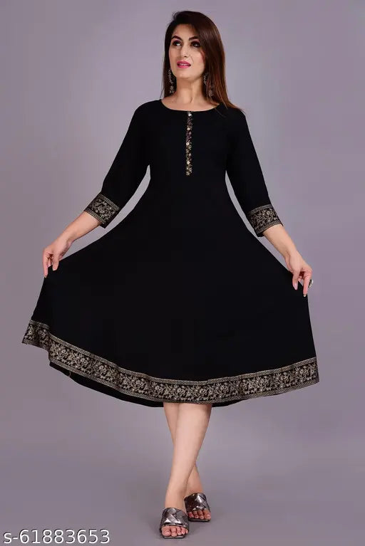 Rayon three-quarter sleeve Unique Anarkali Kurti, single solid color dress for M (38in bust, 38in length), L (40in bust, 40in length), XL (42in bust, 42in length), XXL (44in bust, 44in length). Flattering fit and smooth fabric for trendy, modern Indian fashion