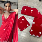 Red georgette saree with embroidered heart pattern, perfect for Karwa Chauth celebration
