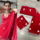 Red georgette saree with embroidered heart pattern, perfect for Karwa Chauth celebration