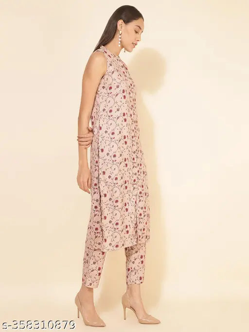 Beige moss digital floral printed coord set, sleeveless kurta with pants, polyester fabric for women, Indian fashion on display
