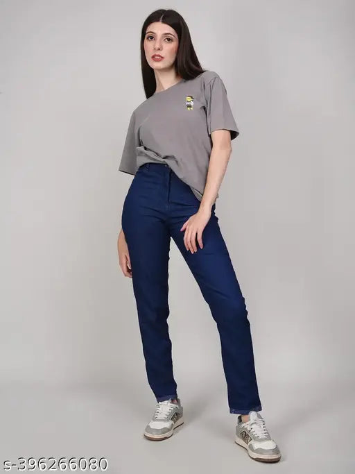 High-waisted, stretchable premium denim dark blue jeans for women (34, 44, 46 sizes). Indian-made, anti-shrink fabric