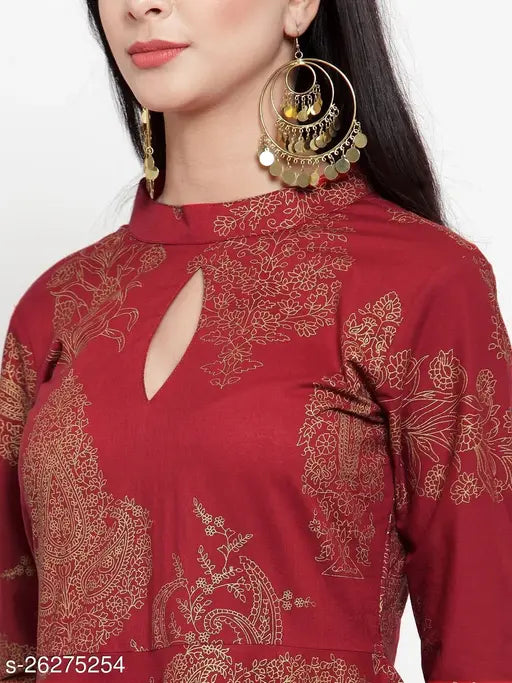 Gold printed anarkali flair kurti with long sleeves, cotton fabric for women, beautiful Indian traditional fashion