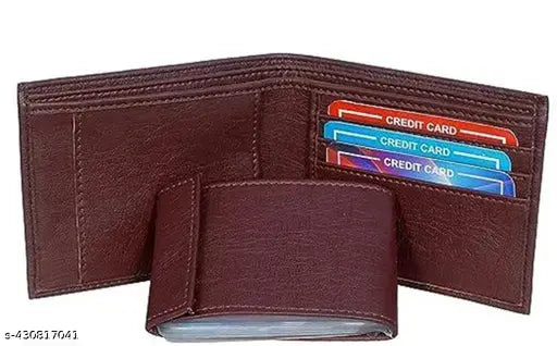 Brown faux leather men's wallet with unique design, 2 card compartments & free size