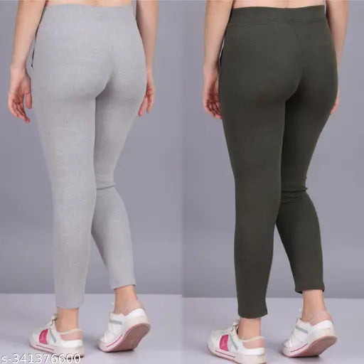 Cotton blend solid net pocket ankle jeggings combo, breathable and stretchy for outdoor or casual wear (size 26-32 inch)