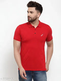 Red cotton polo shirt for men, embossed self-design on short sleeves, Unicops brand, size M, India origin