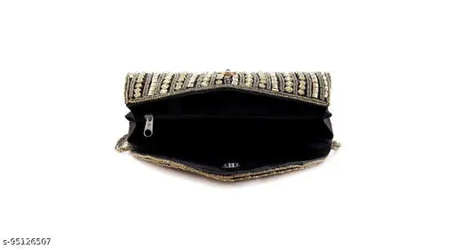 Embellished black fabric clutch bag for women's party wear, Indian handwork embroidery, detachable chain sling strap, spacious interior