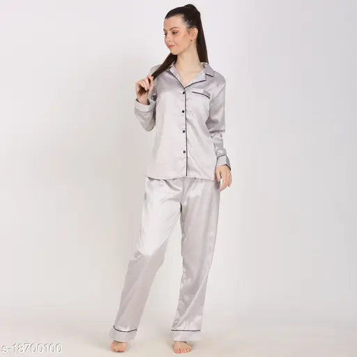 Solid silver satin lounge wear set for women, XS-XXL, long sleeve pyjama and shirt set from Pretty Loving Thing, India