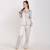 Solid silver satin lounge wear set for women, XS-XXL, long sleeve pyjama and shirt set from Pretty Loving Thing, India