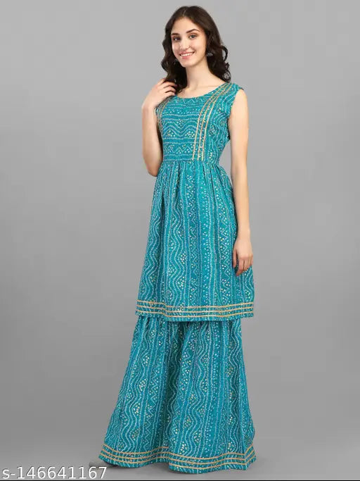 Women's bandhani cotton Kurta sets, sleeveless, vibrant Indian traditional outfits on display