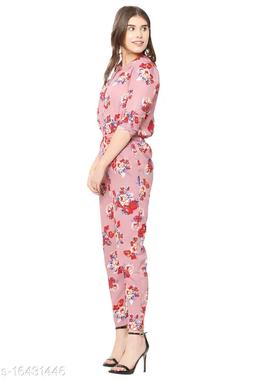 Stylish lite purple floral print crepe jumpsuit for women & girls - printed net, three-quarter sleeves