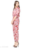 Stylish lite purple floral print crepe jumpsuit for women & girls - printed net, three-quarter sleeves