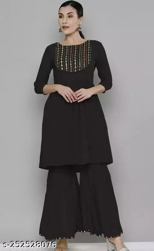 Black Georgette Embroidered Sequined Kurta Sharara set by IMLIE - elegant, lightweight, and unique Indian designer wear for women