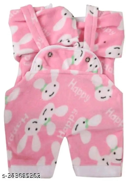 Green, pink, blue printed net wool dungaree winter dress combo - 3 pieces for baby