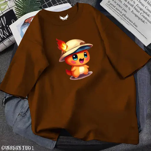 Oversized fit cotton blend Chibi Fire Monster women's t-shirt, printed net design for casual wear (size XS/36in x 25in)