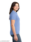 Cotton blend solid women's top, short sleeves, M-XXXL sizes, denim polo neck, India origin