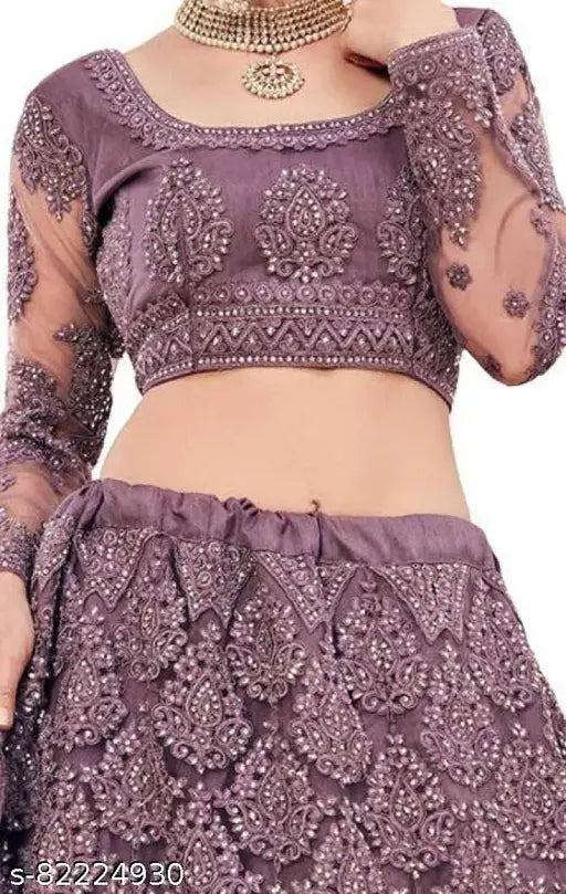 Embroidered Chikankari net lehenga choli & dupatta set in free size, intricate heavy work embroidery with stone detailing, India