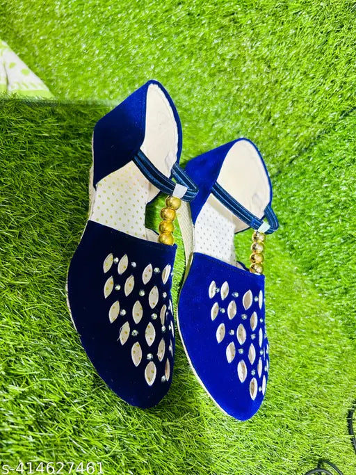 Embellished velvet and suede girls' bellies with slip-on or closed back, stylish ethnic shoes from Clover. Indian-made fashion wedges for comfort and style in sizes IND-4 to IND-8