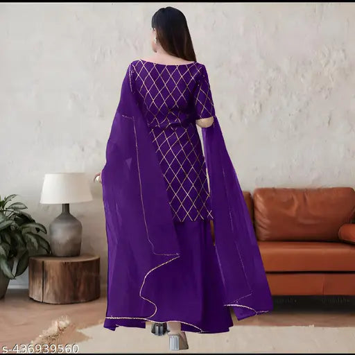 Purple rayon Diwali shopping kurta set with plazo and dupatta, embellished pattern for women and girls