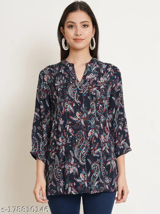 Black viscose rayon longline top, floral printed mandarin collar with pintucks detail - plus size women's fashion, three-quarter sleeves