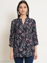 Black viscose rayon longline top, floral printed mandarin collar with pintucks detail - plus size women's fashion, three-quarter sleeves