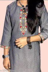 Woolen embroidered kurti in trendy design, three-quarter sleeves, available in sizes M-XXXL (India made)