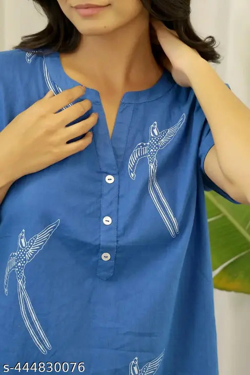 Bird Printed Cotton Women's Night Dress Top & Pyjama Set - Relaxed Fit, All-Season Wear