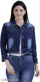 Fashionable denim jacket, women's solid pure dyed/washed denim, long sleeves, size S (34in bust, 21in length)