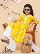 Fancy yellow rayon printed anarkali kurta & sharara set with lacework, suitable for 7-8 years, three-quarter sleeves, knee-length top and 25in bottom length. Indian kids' clothing